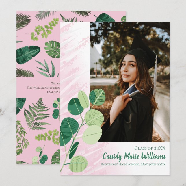 Green Botanical Elegant Pink Graduation Invitation (Front/Back)