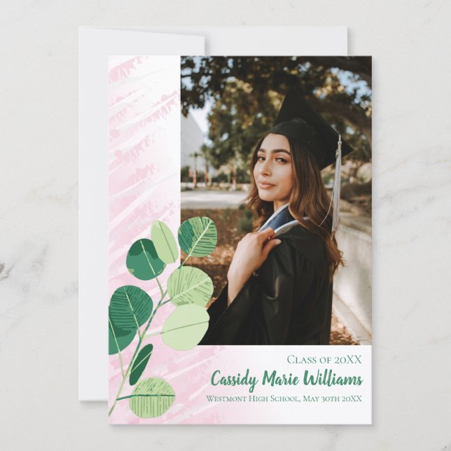 Green Botanical Elegant Pink Graduation Invitation (Front)