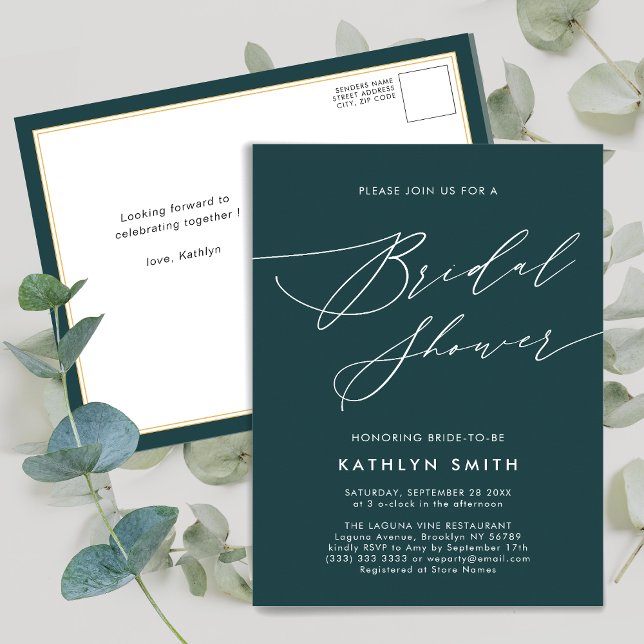 Green Botanical Elegant Script Bridal Shower Invitation Postcard (Creator Uploaded)