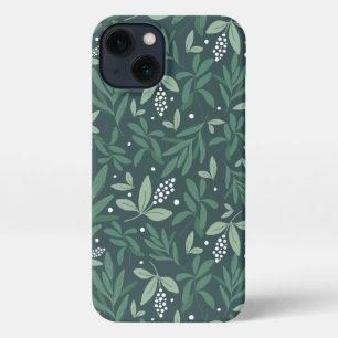 Green Botanical Fern Foliage & White Berry Pattern iPhone 13 Case