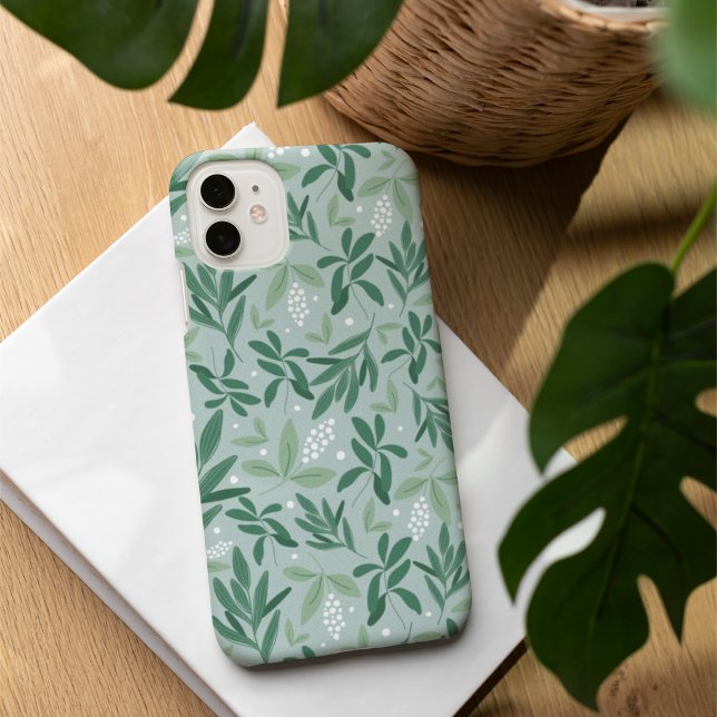 Green Botanical Fern Foliage & White Berry Pattern iPhone Case (Creator Uploaded)