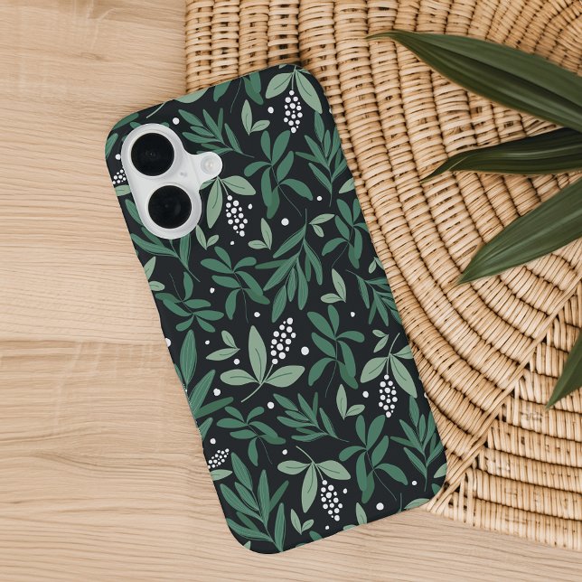 Green Botanical Fern Foliage & White Berry Pattern iPhone Case (Creator Uploaded)
