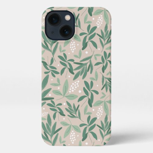 Green Botanical Fern Foliage  White Berry Pattern iPhone 13 Case