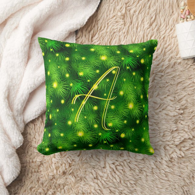 Green Botanical Foliage Christmas Tree Monogram Throw Pillow (Blanket)