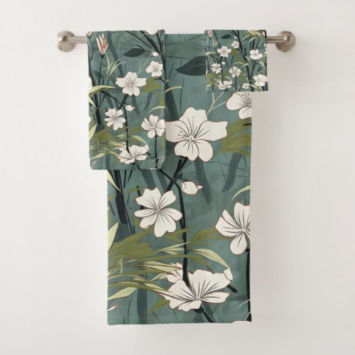 Green Botanical Garden Japanese Floral Pattern Bath Towel Set