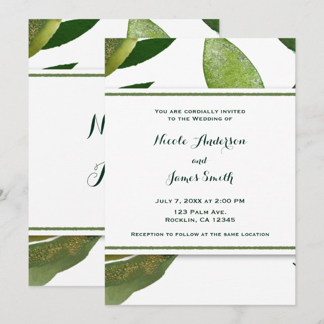 Green Botanical Glam Plant Leaves Elegant Wedding Invitation (Front/Back)