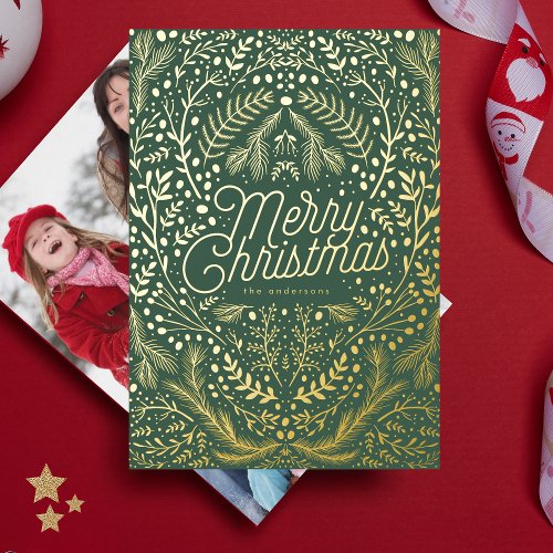Green Botanical  Gold Merry Christmas Foil Holiday Card