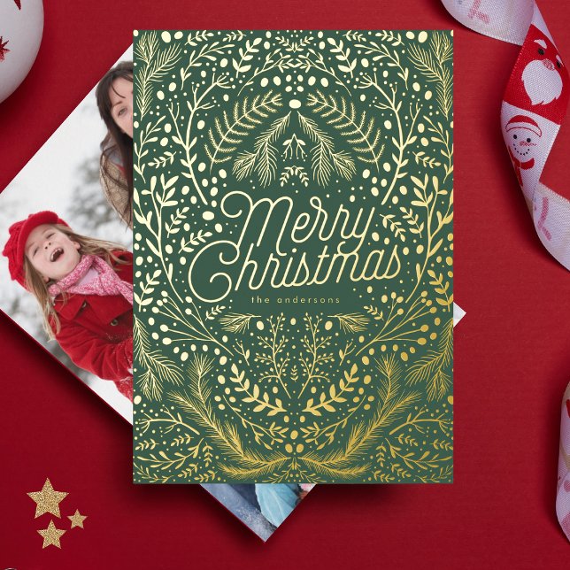 Green Botanical & Gold Merry Christmas Foil Holiday Card (Creator Uploaded)
