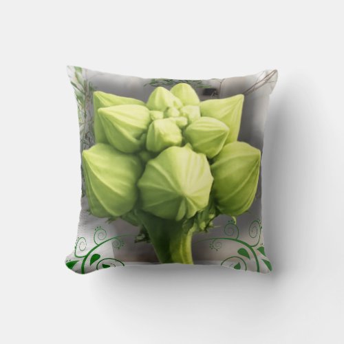 Green Botanical Gourd Flower Bud Macro Art Cushion