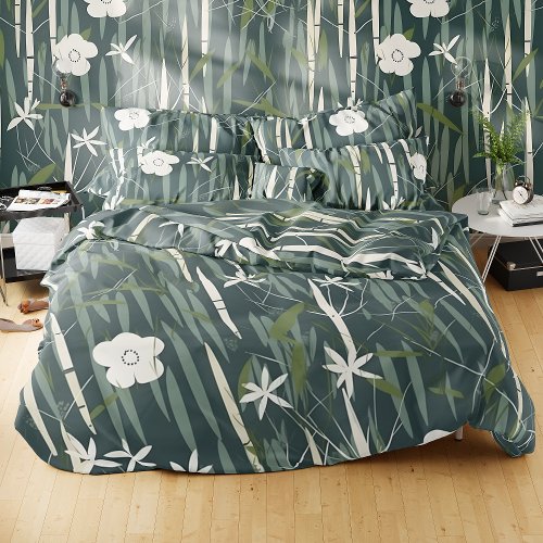 Green Botanical Japanese Floral Bamboo Pattern Duvet Cover