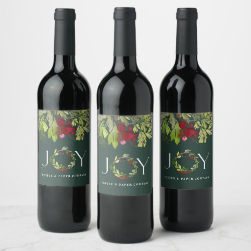 Green botanical joy wreath corporate holiday wine label