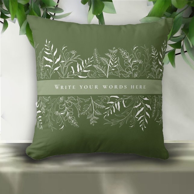 Green Botanical Leaf Frame Custom Text Throw Pillow (Creator Uploaded)
