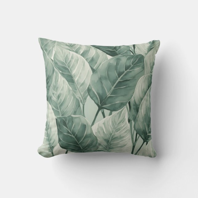 Green Botanical Leaf Pattern Decorative Throw Pillow (Front)