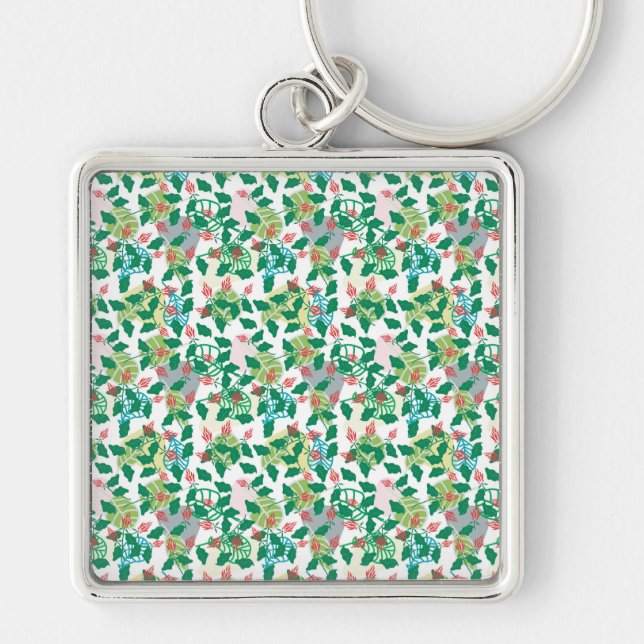 Green Botanical Leaf Pattern with Red Flowers Keychain (Front)