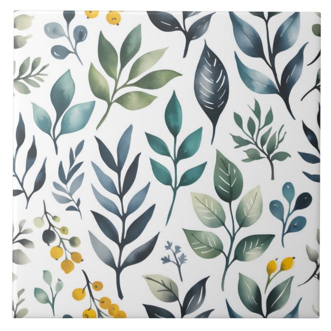 Green Botanical Leaves Ceramic Tile (Front)