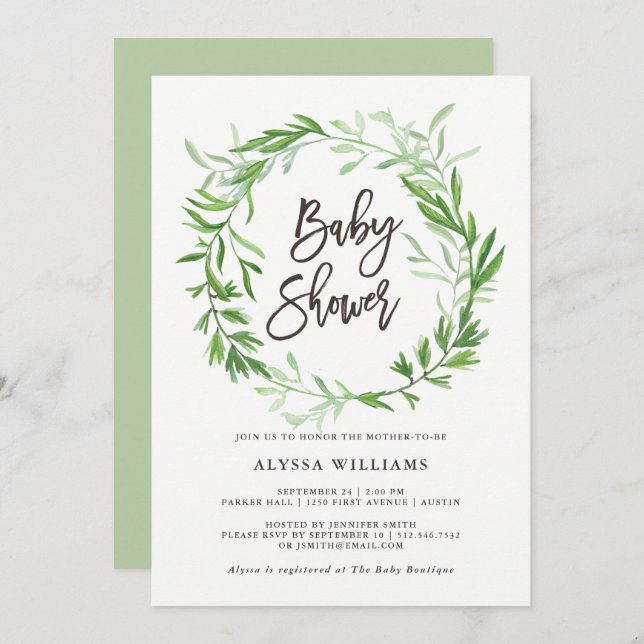 Green Botanical Leaves Wreath Baby Shower Invitation (Front/Back)