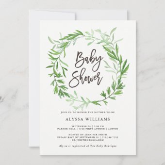 Green Botanical Leaves Wreath Baby Shower Invitation | Zazzle