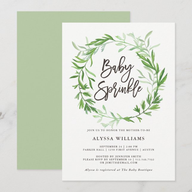 Green Botanical Leaves Wreath Baby Sprinkle Invitation (Front/Back)