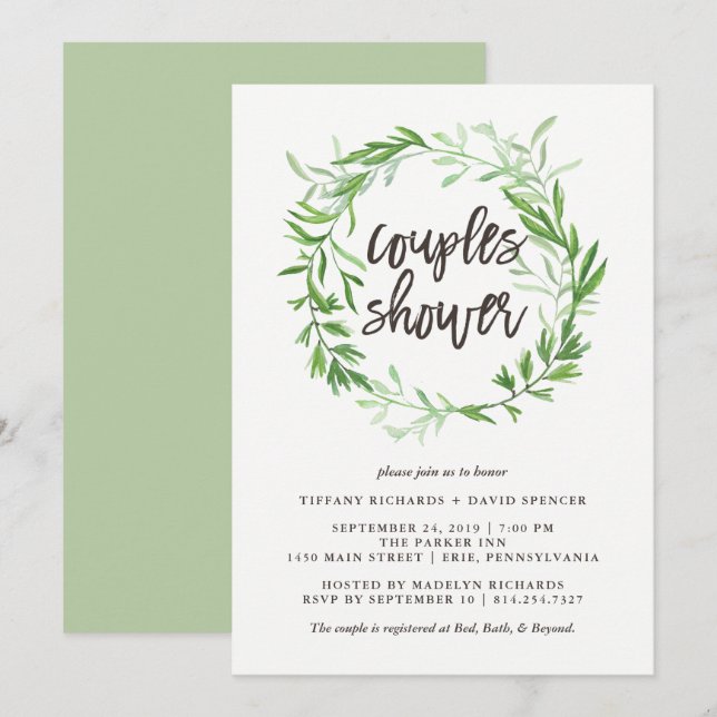 Green Botanical Leaves Wreath Couples Shower Invitation (Front/Back)