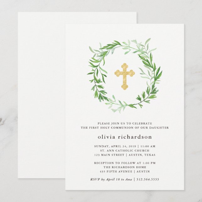 Green Botanical Leaves Wreath First Holy Communion Invitation (Front/Back)