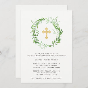 Green Botanical Leaves Wreath First Holy Communion Invitation