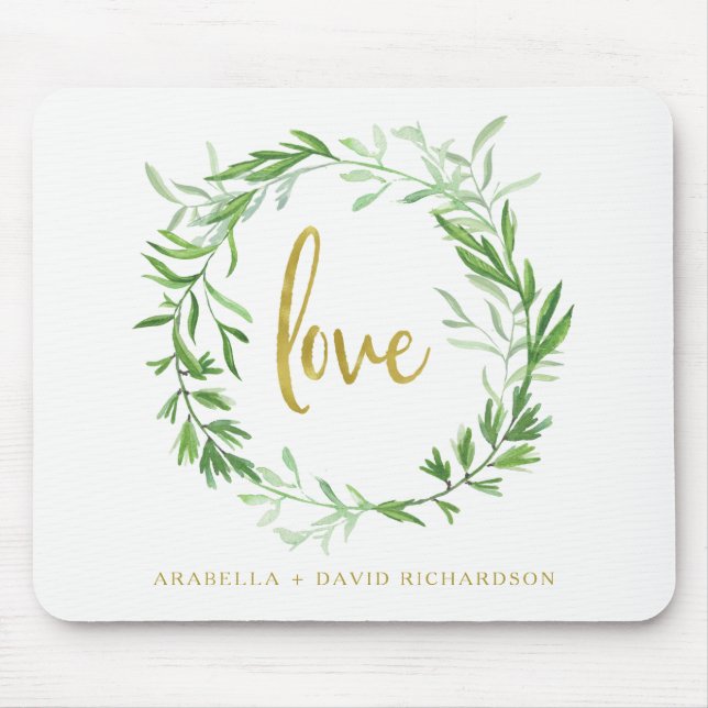 Green Botanical Leaves Wreath | Love Mouse Pad (Front)