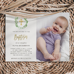 Green Botanical Leaves Wreath Photo Baptism Invitation