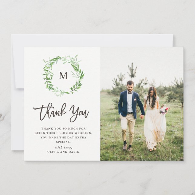 Green Botanical Leaves Wreath | Photo Wedding Thank You Card (Front)