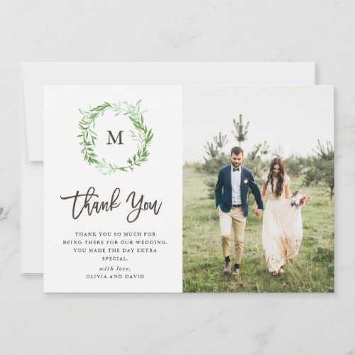 Green Botanical Leaves Wreath  Photo Wedding Thank You Card