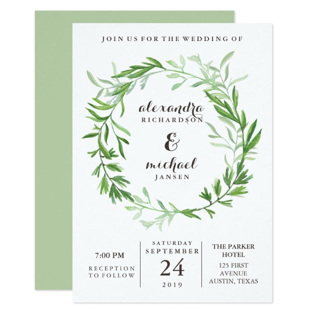 Green Botanical Leaves Wreath Wedding Invitation