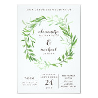 Green Botanical Leaves Wreath Wedding Card