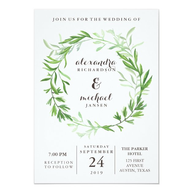 Green Botanical Leaves Wreath Wedding Invitation