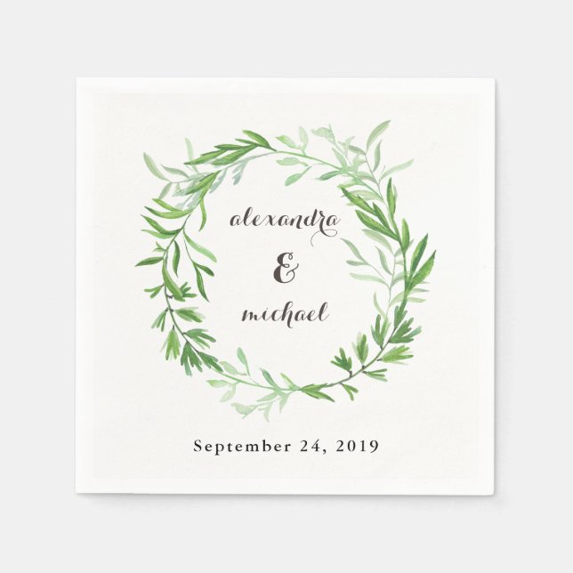 Green Botanical Leaves Wreath Wedding Paper Napkins (Front)