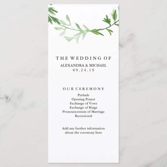 Green Botanical Leaves Wreath Wedding Program (Front)