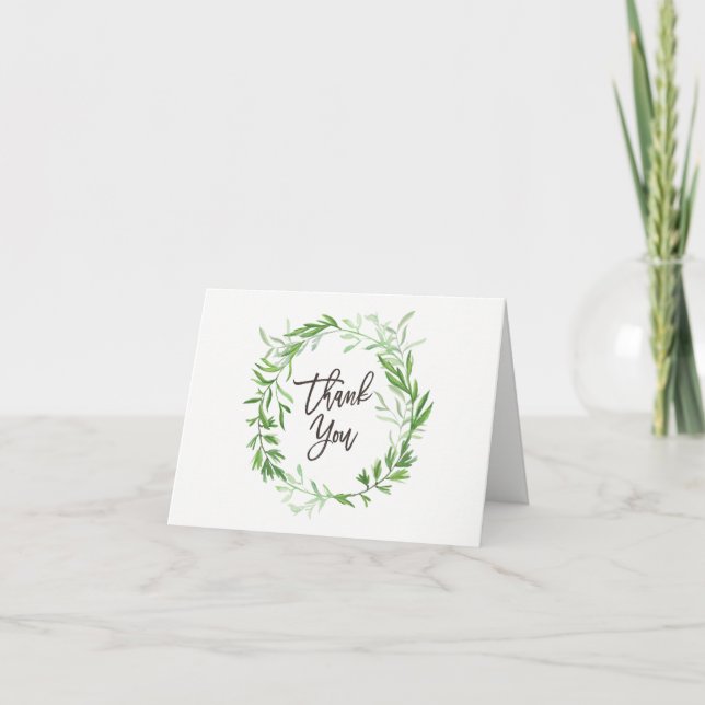 Green Botanical Leaves Wreath Wedding Thank You (Front)