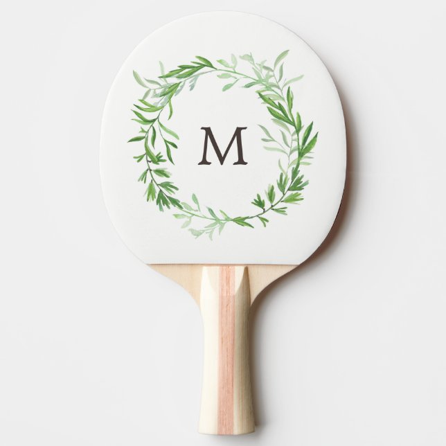 Green Botanical Leaves Wreath with Monogram Ping-Pong Paddle (Front)