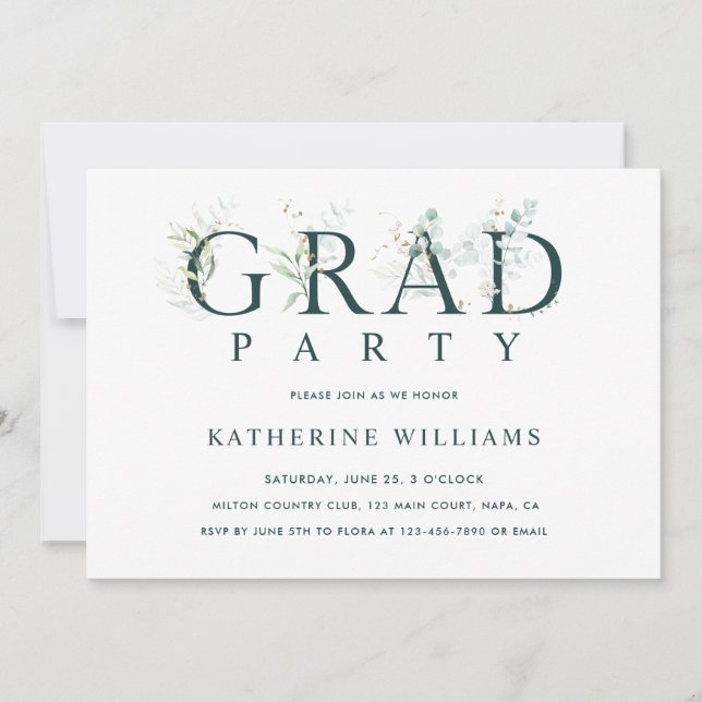 Green Botanical Letter Graduation Party Photo  Invitation (Front)