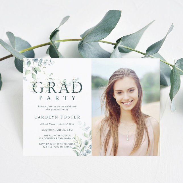 Green Botanical Letter Graduation Party Photo Invitation (Creator Uploaded)