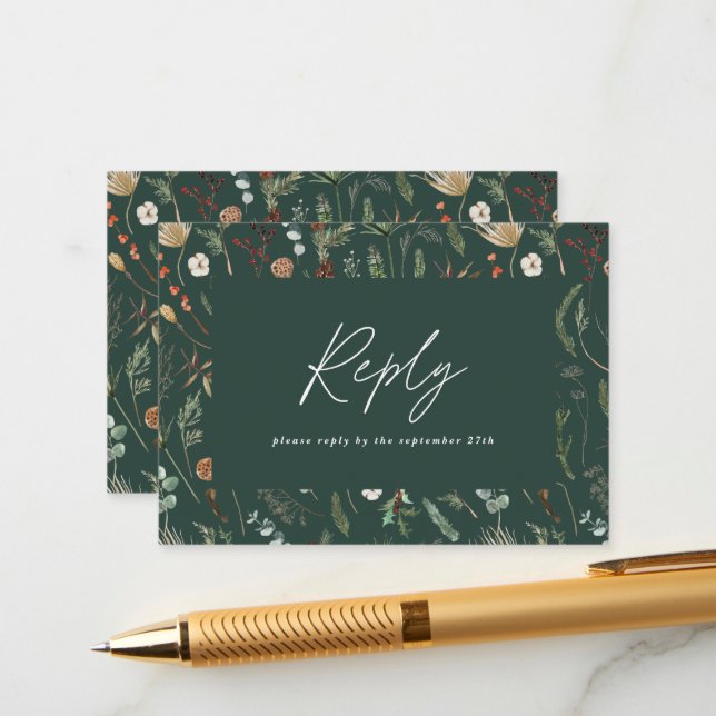 Green botanical minimal chic elegant wedding reply enclosure card (Front/Back In Situ)