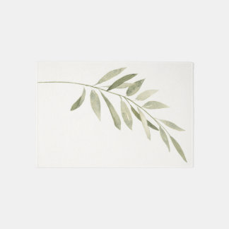 Green Botanical Modern Boho Sage Watercolor Leaves Rug