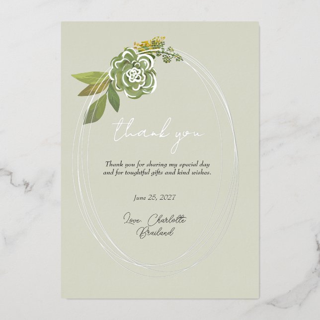Green Botanical Modern Floral Thank You   Foil Invitation (Front)