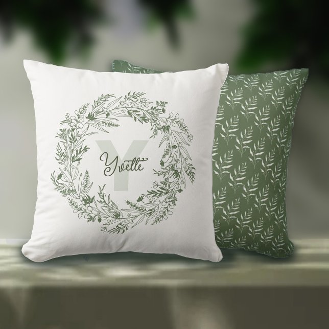 Green Botanical Monogram Y Throw Pillow (Creator Uploaded)