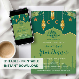 Green Botanical Mosque and Gold Lanterns Iftar Invitation