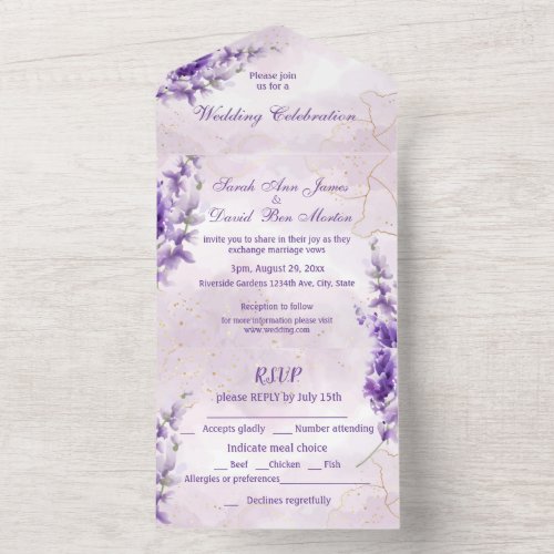  Green Botanical Purple Lilac Flower Watercolor All In One Invitation