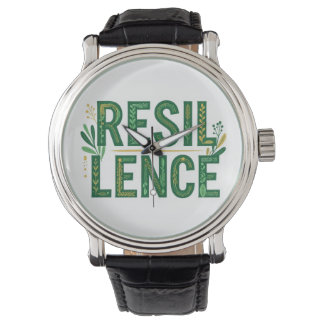 Green Botanical Resilience Typography Leather Wris Watch