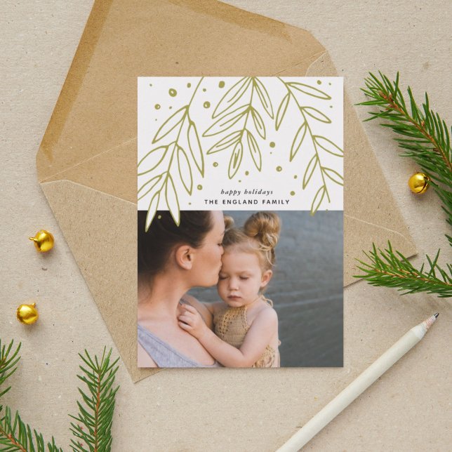 Green Botanical Sprigs Photo Holiday Card (Hand-drawn botanical sprigs frame this lovely holiday photo card.)