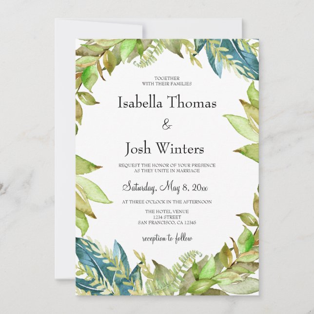 Green Botanical Watercolor Foliage Wedding Invitation (Front)