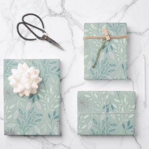 Green Botanical Wrapping Paper Flat Sheet Set of 3