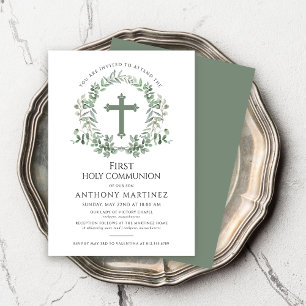 Green Botanical Wreath Boy's First Holy Communion  Invitation