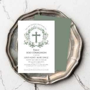 Green Botanical Wreath Boy's First Holy Communion  Invitation
